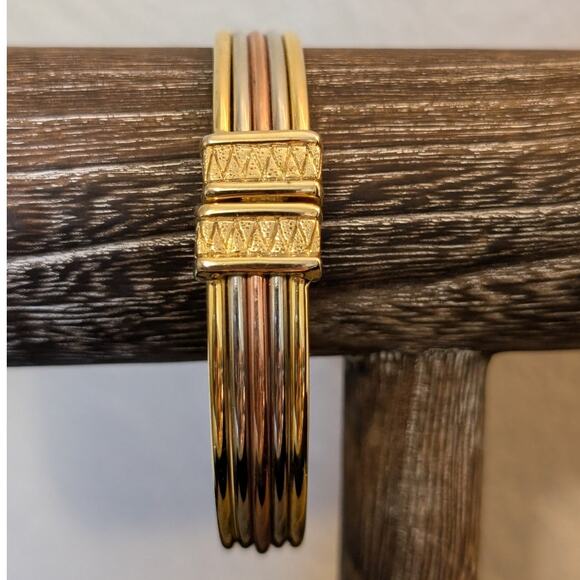 Tri-Color Metal Clamper Style Bangle Bracelet - Picture 1 of 5